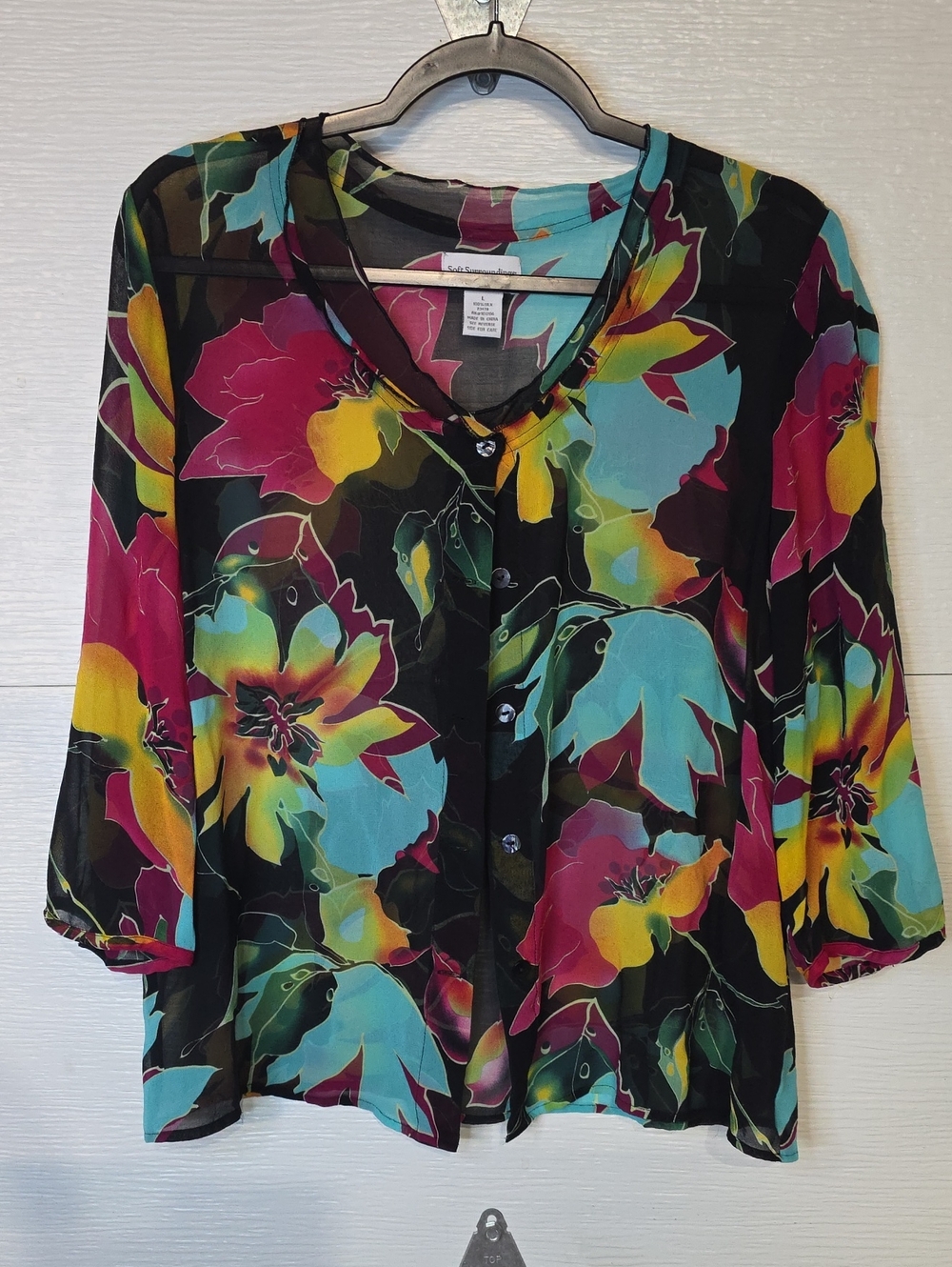 Floral Button-Front Sheer Blouse - Black/Multi
